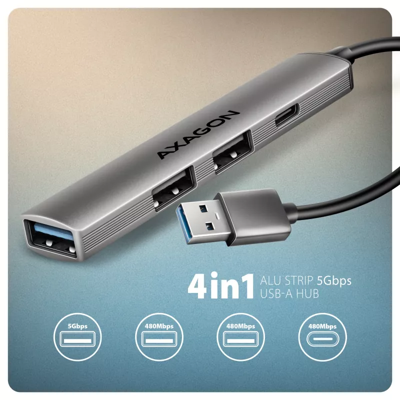 Hub USB AXAGON HUE-STA — barra de alumínio de 4 portas, 1× USB-A 5 Gbit/s + 2× USB-A e 1× USB-C 480 Mbit/s, host USB-A, cinzento