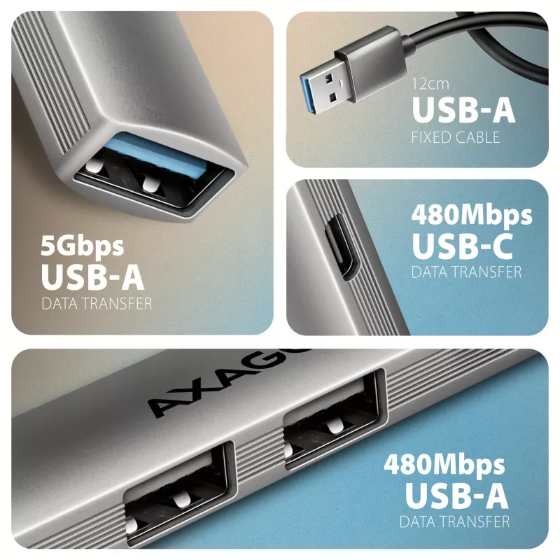 Hub USB AXAGON HUE-STA — barra de alumínio de 4 portas, 1× USB-A 5 Gbit/s + 2× USB-A e 1× USB-C 480 Mbit/s, host USB-A, cinzento
