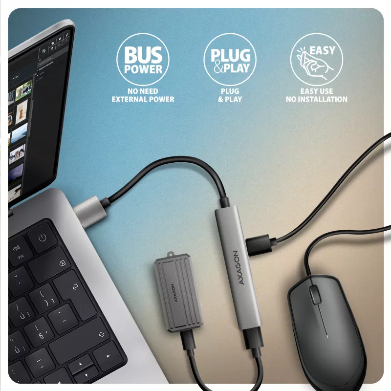 Hub USB AXAGON HUE-STA — barra de alumínio de 4 portas, 1× USB-A 5 Gbit/s + 2× USB-A e 1× USB-C 480 Mbit/s, host USB-A, cinzento