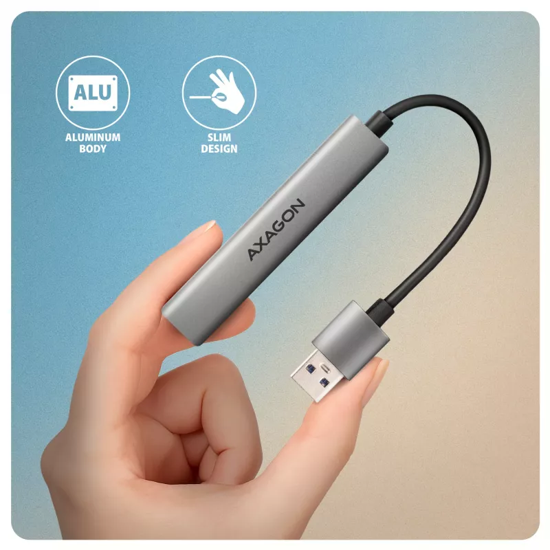 Hub USB AXAGON HUE-STA — barra de alumínio de 4 portas, 1× USB-A 5 Gbit/s + 2× USB-A e 1× USB-C 480 Mbit/s, host USB-A, cinzento