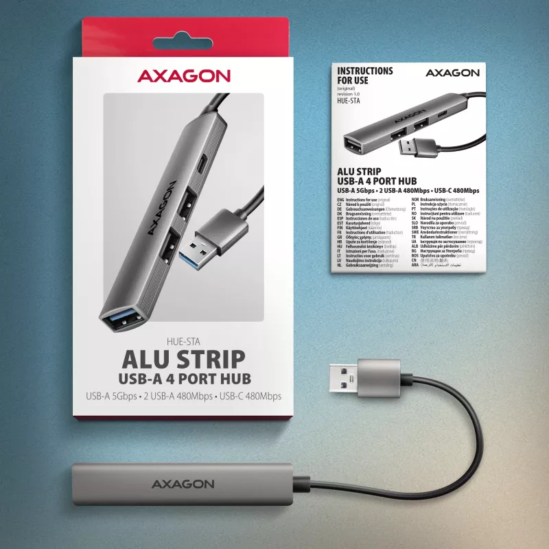 Hub USB AXAGON HUE-STA — barra de alumínio de 4 portas, 1× USB-A 5 Gbit/s + 2× USB-A e 1× USB-C 480 Mbit/s, host USB-A, cinzento