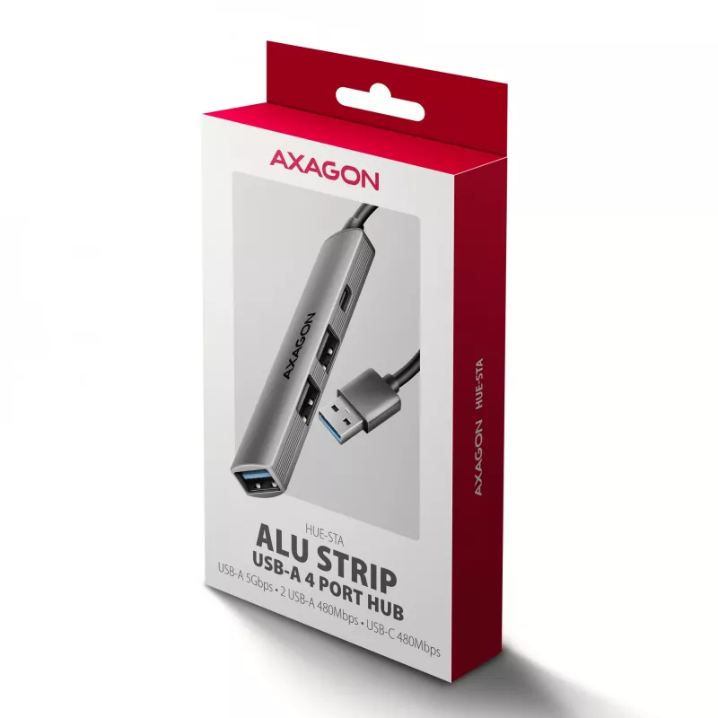 Hub USB AXAGON HUE-STA — barra de alumínio de 4 portas, 1× USB-A 5 Gbit/s + 2× USB-A e 1× USB-C 480 Mbit/s, host USB-A, cinzento