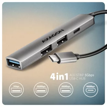Hub USB AXAGON HUE-STC, barra de alumínio de 4 portas, 1x USB-A 5 Gbit/s + 2x USB-A e 1x USB-C 480 Mbit/s, host USB-C, cabo de 12 cm, cinzento