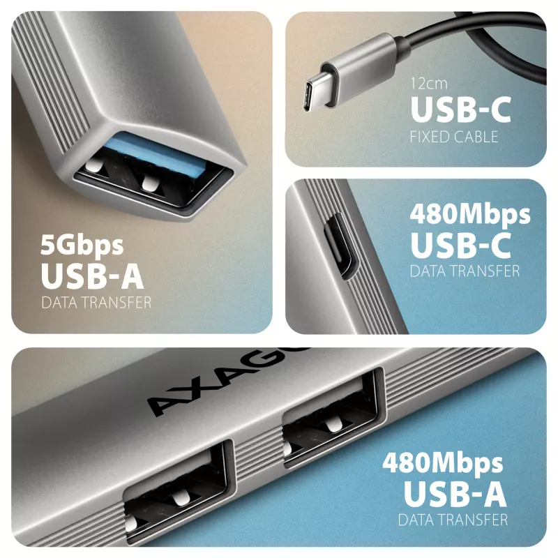 Hub USB AXAGON HUE-STC, barra de alumínio de 4 portas, 1x USB-A 5 Gbit/s + 2x USB-A e 1x USB-C 480 Mbit/s, host USB-C, cabo de 12 cm, cinzento