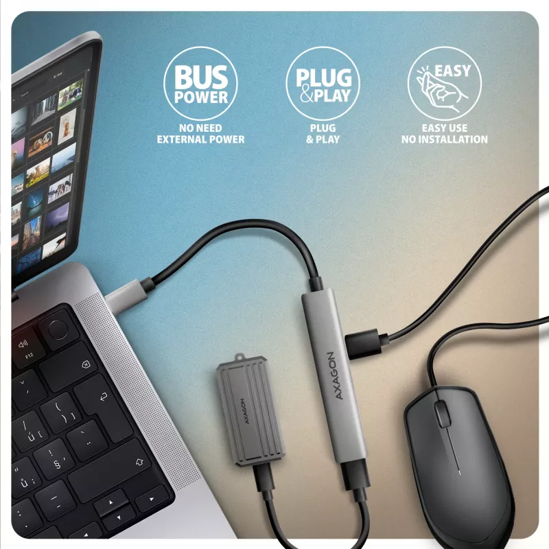 Hub USB AXAGON HUE-STC, barra de alumínio de 4 portas, 1x USB-A 5 Gbit/s + 2x USB-A e 1x USB-C 480 Mbit/s, host USB-C, cabo de 12 cm, cinzento