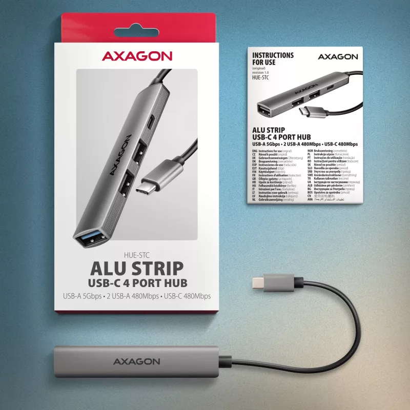 Hub USB AXAGON HUE-STC, barra de alumínio de 4 portas, 1x USB-A 5 Gbit/s + 2x USB-A e 1x USB-C 480 Mbit/s, host USB-C, cabo de 12 cm, cinzento