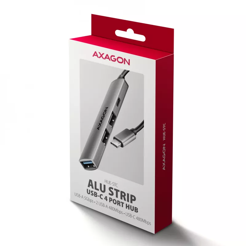 Hub USB AXAGON HUE-STC, barra de alumínio de 4 portas, 1x USB-A 5 Gbit/s + 2x USB-A e 1x USB-C 480 Mbit/s, host USB-C, cabo de 12 cm, cinzento