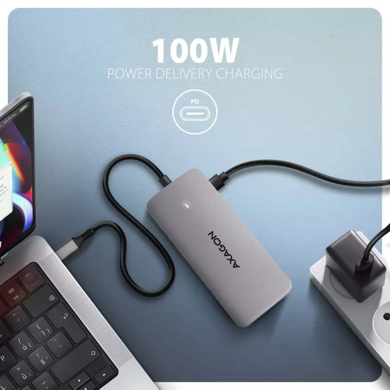 Axagon HMC-CUB83X2 Hub USB 10Gbps, 2x USB-A, USB-C, HDMI e DP 4K/144Hz, RJ-45, PD 100W
