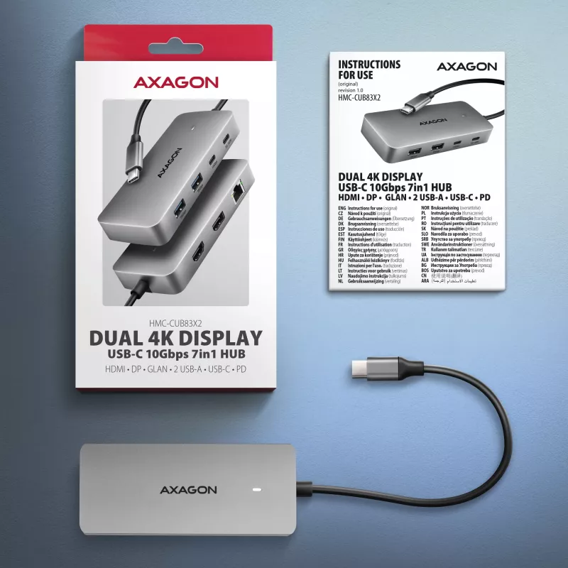 Axagon HMC-CUB83X2 Hub USB 10Gbps, 2x USB-A, USB-C, HDMI e DP 4K/144Hz, RJ-45, PD 100W