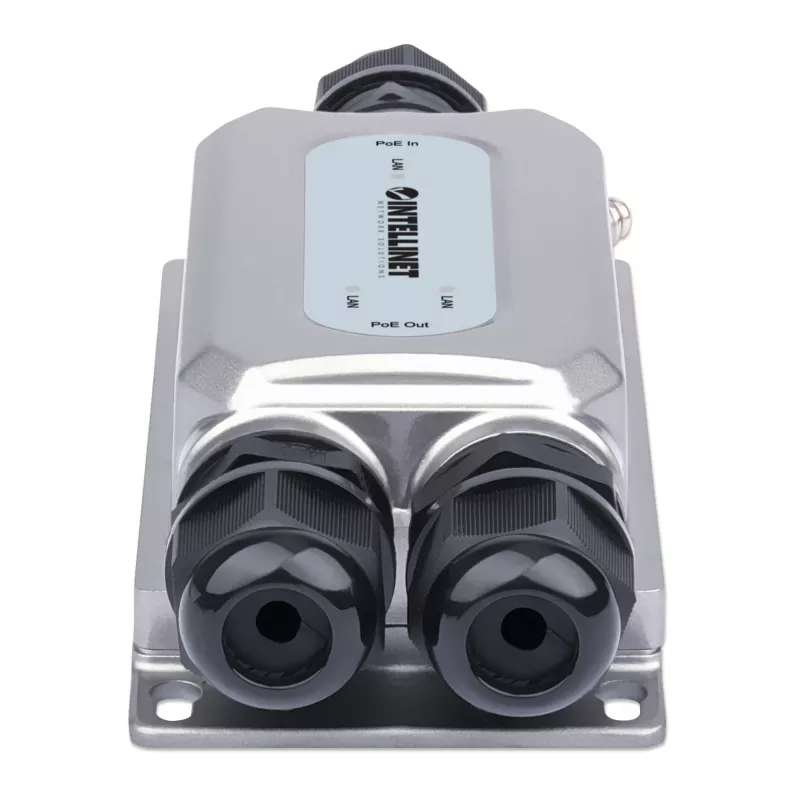 Extensor PoE++ Gigabit antivandalismo para exterior de 2 portas Intellinet, duas portas de 30 W, estende PoE até 100 m, orçamento de potência de 60 W, compatível com IEEE 802.3bt (4PPoE), à prova de água IP67, certificado IK10, caixa metálica