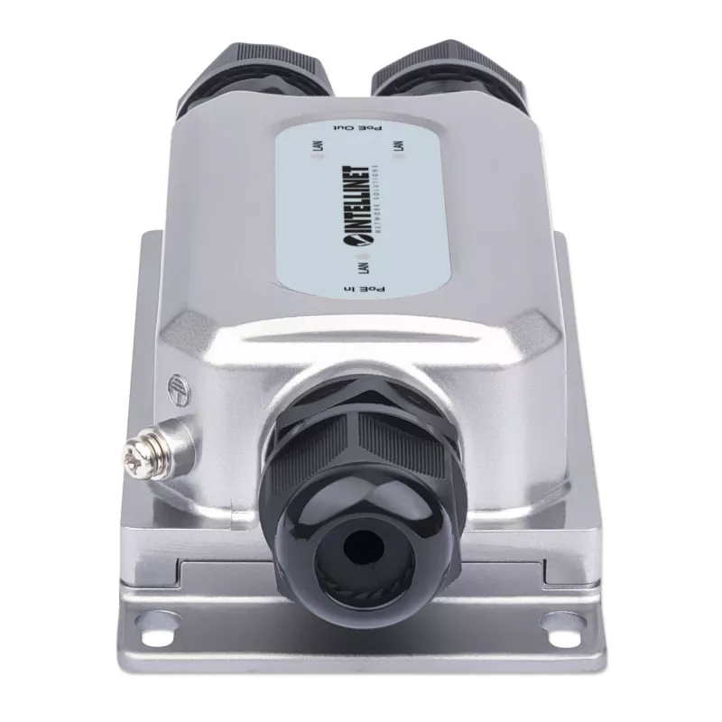 Extensor PoE++ Gigabit antivandalismo para exterior de 2 portas Intellinet, duas portas de 30 W, estende PoE até 100 m, orçamento de potência de 60 W, compatível com IEEE 802.3bt (4PPoE), à prova de água IP67, certificado IK10, caixa metálica