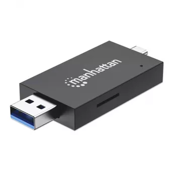 Leitor/gravador de cartões múltiplos combinado Manhattan USB-A / USB-C, 5 Gbit/s (USB 3.2 Gen1 também conhecido como USB 3.0), ficha para slots microSD e SD/MMC, formato mini, SuperSpeed USB, Windows ou Mac, preto/transparente, três anos de garantia