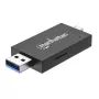 Leitor/gravador de cartões múltiplos combinado Manhattan USB-A / USB-C, 5 Gbit/s (USB 3.2 Gen1 também conhecido como USB 3.0), ficha para slots microSD e SD/MMC, formato mini, SuperSpeed USB, Windows ou Mac, preto/transparente, três anos de garantia
