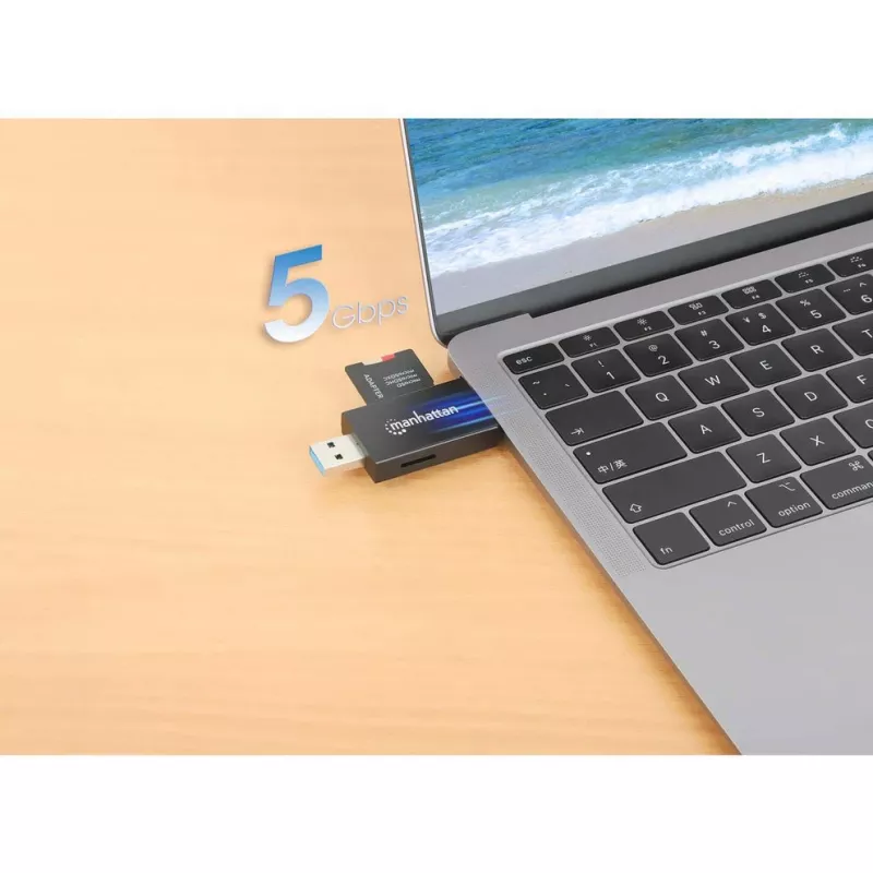 Leitor/gravador de cartões múltiplos combinado Manhattan USB-A / USB-C, 5 Gbit/s (USB 3.2 Gen1 também conhecido como USB 3.0), ficha para slots microSD e SD/MMC, formato mini, SuperSpeed USB, Windows ou Mac, preto/transparente, três anos de garantia