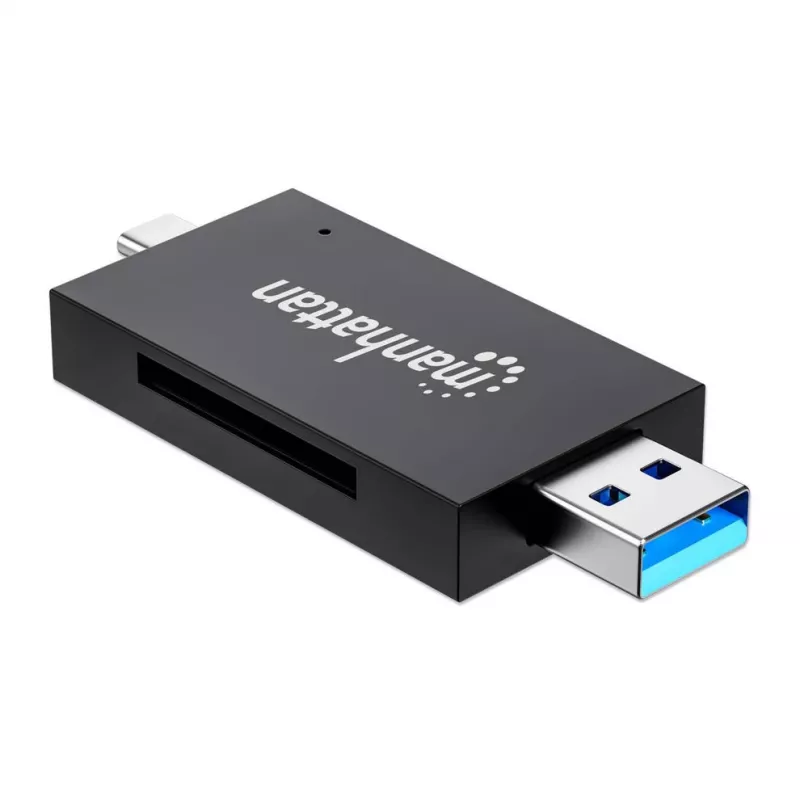 Leitor/gravador de cartões múltiplos combinado Manhattan USB-A / USB-C, 5 Gbit/s (USB 3.2 Gen1 também conhecido como USB 3.0), ficha para slots microSD e SD/MMC, formato mini, SuperSpeed USB, Windows ou Mac, preto/transparente, três anos de garantia