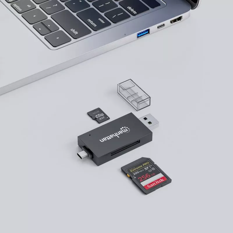 Leitor/gravador de cartões múltiplos combinado Manhattan USB-A / USB-C, 5 Gbit/s (USB 3.2 Gen1 também conhecido como USB 3.0), ficha para slots microSD e SD/MMC, formato mini, SuperSpeed USB, Windows ou Mac, preto/transparente, três anos de garantia