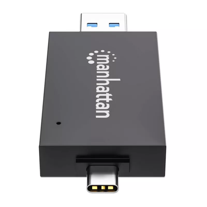 Leitor/gravador de cartões múltiplos combinado Manhattan USB-A / USB-C, 5 Gbit/s (USB 3.2 Gen1 também conhecido como USB 3.0), ficha para slots microSD e SD/MMC, formato mini, SuperSpeed USB, Windows ou Mac, preto/transparente, três anos de garantia