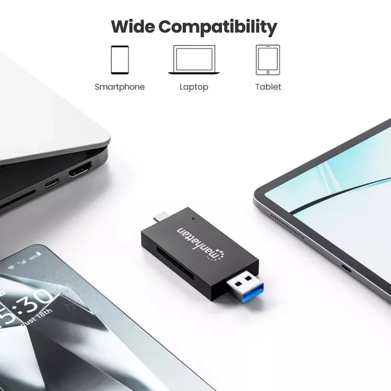 Leitor/gravador de cartões múltiplos combinado Manhattan USB-A / USB-C, 5 Gbit/s (USB 3.2 Gen1 também conhecido como USB 3.0), ficha para slots microSD e SD/MMC, formato mini, SuperSpeed USB, Windows ou Mac, preto/transparente, três anos de garantia