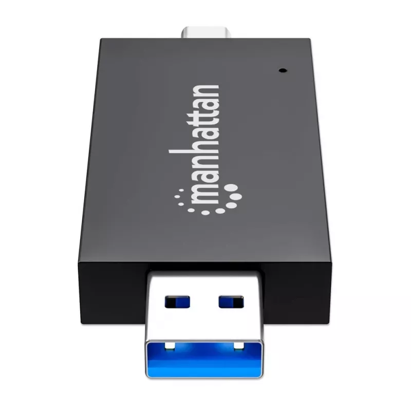 Leitor/gravador de cartões múltiplos combinado Manhattan USB-A / USB-C, 5 Gbit/s (USB 3.2 Gen1 também conhecido como USB 3.0), ficha para slots microSD e SD/MMC, formato mini, SuperSpeed USB, Windows ou Mac, preto/transparente, três anos de garantia