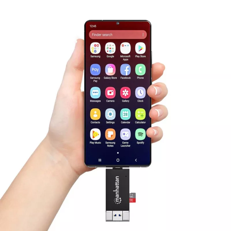 Leitor/gravador de cartões múltiplos combinado Manhattan USB-A / USB-C, 5 Gbit/s (USB 3.2 Gen1 também conhecido como USB 3.0), ficha para slots microSD e SD/MMC, formato mini, SuperSpeed USB, Windows ou Mac, preto/transparente, três anos de garantia