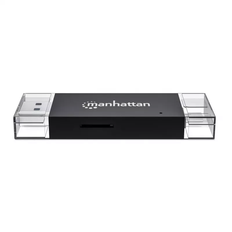 Leitor/gravador de cartões múltiplos combinado Manhattan USB-A / USB-C, 5 Gbit/s (USB 3.2 Gen1 também conhecido como USB 3.0), ficha para slots microSD e SD/MMC, formato mini, SuperSpeed USB, Windows ou Mac, preto/transparente, três anos de garantia