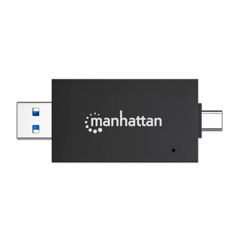 Leitor/gravador de cartões múltiplos combinado Manhattan USB-A / USB-C, 5 Gbit/s (USB 3.2 Gen1 também conhecido como USB 3.0), ficha para slots microSD e SD/MMC, formato mini, SuperSpeed USB, Windows ou Mac, preto/transparente, três anos de garantia