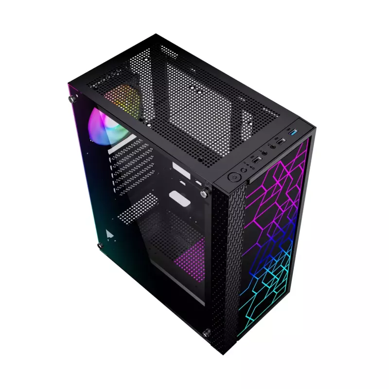 Caixa para PC GEMBIRD Fornax 2500 Midi Tower preto — suporte ATX/ITX, vidro temperado, RGB, 3x120 mm à frente, 2x2,5 polegadas baías