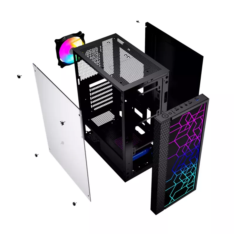 Caixa para PC GEMBIRD Fornax 2500 Midi Tower preto — suporte ATX/ITX, vidro temperado, RGB, 3x120 mm à frente, 2x2,5 polegadas baías
