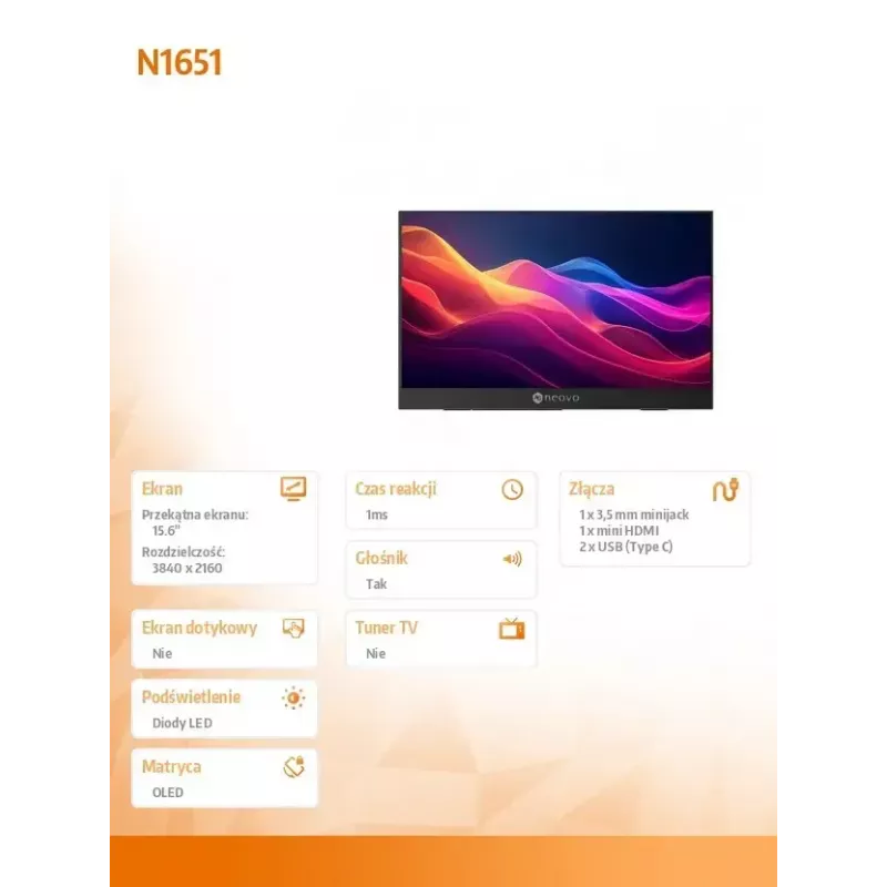 Monitor Neovo N1651 15 polegadas OLED 4K USB-C mHDMI 400n