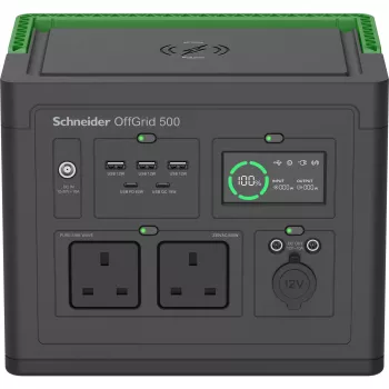 Estação de energia portátil APC SE OffGrid 500 – bateria Li-Ion, LCD, 2x tomadas UK, 3x USB-A, 2x USB-C, 3x 12V, carregador sem fios