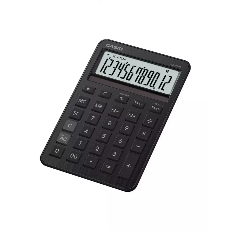 Calculadora de secretária CASIO MS-200DQ — Basic, 12 dígitos, pilha/solar, funções de imposto e margem, preta