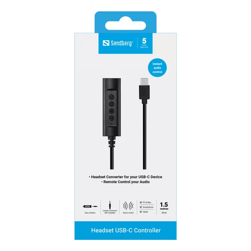 Sandberg Headset USB-C comando, 1,5 m, comando, 25 g, preto