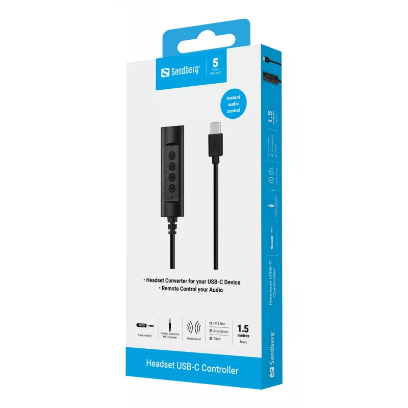 Sandberg Headset USB-C comando, 1,5 m, comando, 25 g, preto