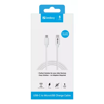 Sandberg cabo de carregamento USB-C>MicroUSB 1m, 1 m, USB C, Micro-USB B, branco