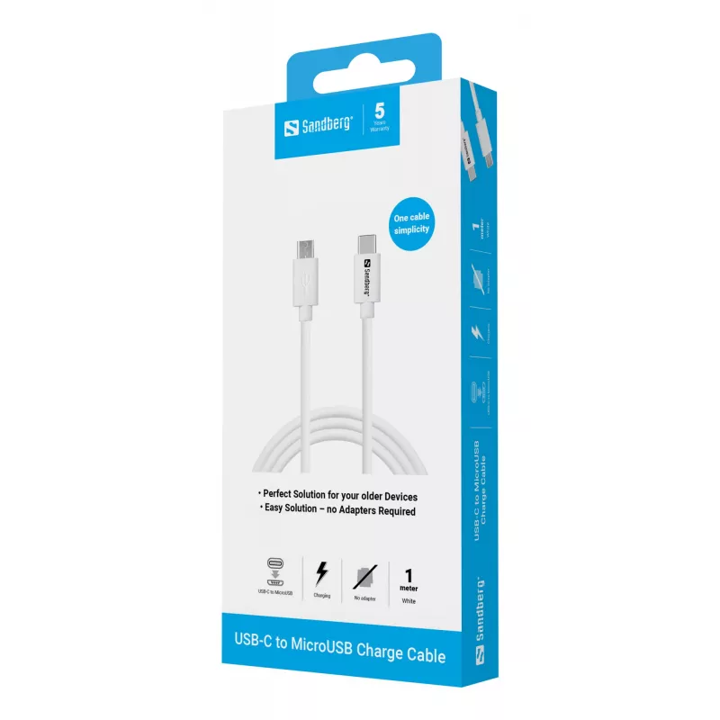 Sandberg cabo de carregamento USB-C>MicroUSB 1m, 1 m, USB C, Micro-USB B, branco