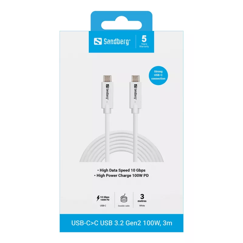 Sandberg USB-C para USB-C USB 3.2 Gen2 100W, 3m, 3 m, USB C, USB C, USB 3.2 Gen 2 (3.1 Gen 2), 10 Gbit/s, branco