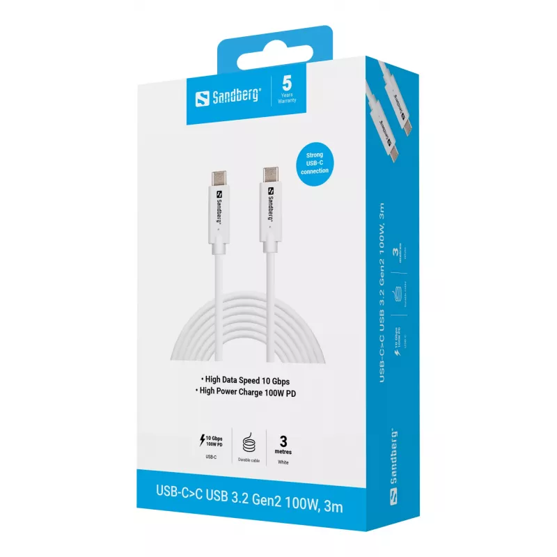Sandberg USB-C para USB-C USB 3.2 Gen2 100W, 3m, 3 m, USB C, USB C, USB 3.2 Gen 2 (3.1 Gen 2), 10 Gbit/s, branco