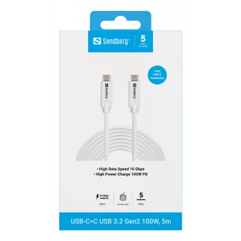Sandberg USB-C>C USB 3.2 Gen2 100W, 5m, 5 m, USB C, USB C, USB 3.2 Gen 2 (3.1 Gen 2), 10 Gbit/s, branco