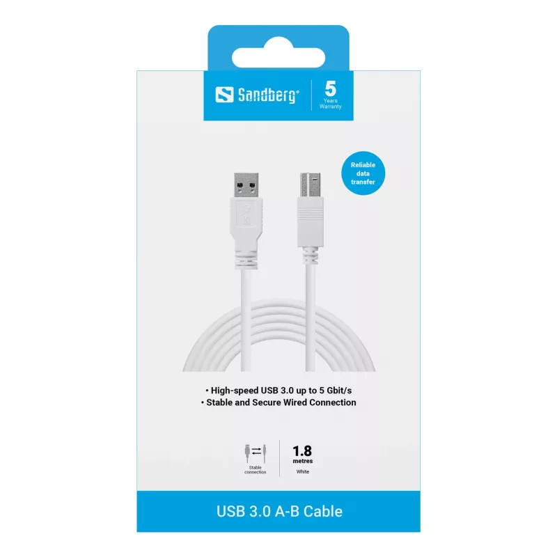 Sandberg cabo USB 3.0 A-B 1,8 m, 1,8 m, USB A, USB B, USB 3.2 Gen 1 (3.1 Gen 1), 5 Gbit/s, branco
