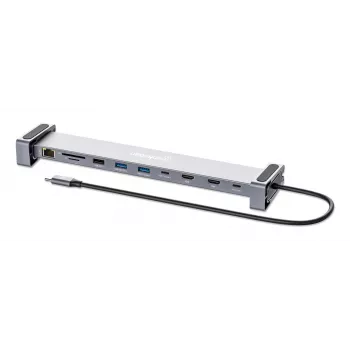 Dock/Hub USB-C Manhattan com leitor de cartões e MST, ligações (x7): Ethernet, HDMI (x2 4K@60Hz), USB-A (x3) e USB-C, com Power Delivery (PD) 100 W – requer carregador USB-C externo (não incluído). Alimentado por USB (não requer fonte de alimentação externa) quando o PD não é utilizado