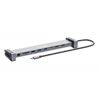 Dock/Hub USB-C Manhattan com leitor de cartões e MST, ligações (x7): Ethernet, HDMI (x2 4K@60Hz), USB-A (x3) e USB-C, com Power Delivery (PD) 100 W – requer carregador USB-C externo (não incluído). Alimentado por USB (não requer fonte de alimentação externa) quando o PD não é utilizado