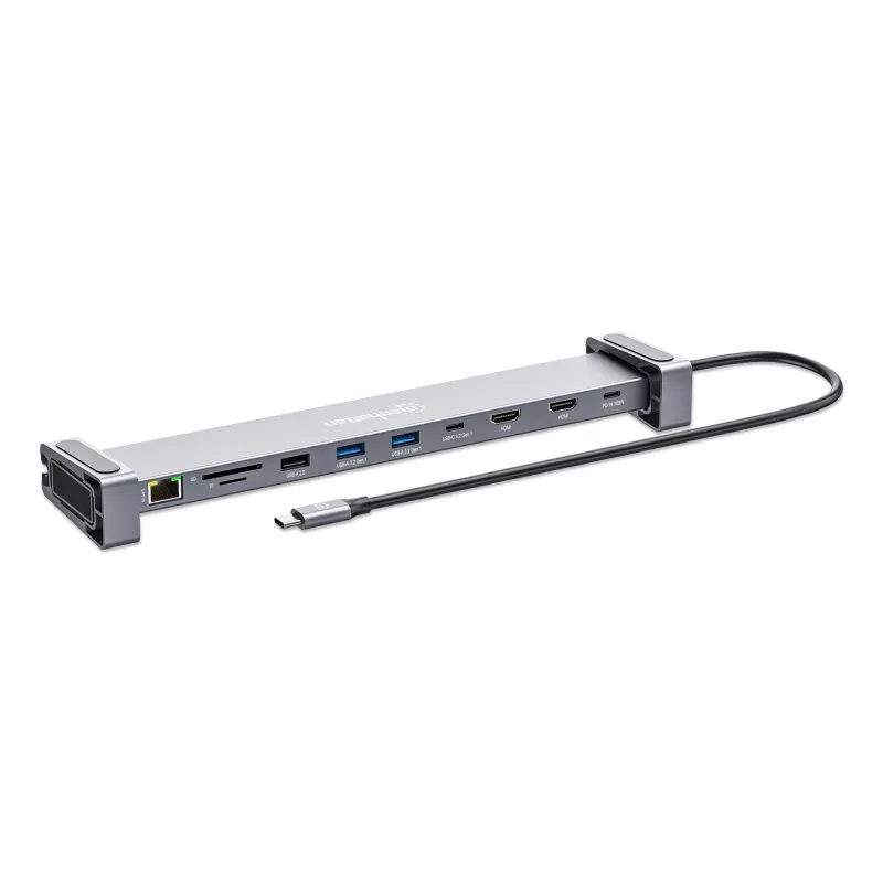 Dock/Hub USB-C Manhattan com leitor de cartões e MST, ligações (x7): Ethernet, HDMI (x2 4K@60Hz), USB-A (x3) e USB-C, com Power Delivery (PD) 100 W – requer carregador USB-C externo (não incluído). Alimentado por USB (não requer fonte de alimentação externa) quando o PD não é utilizado