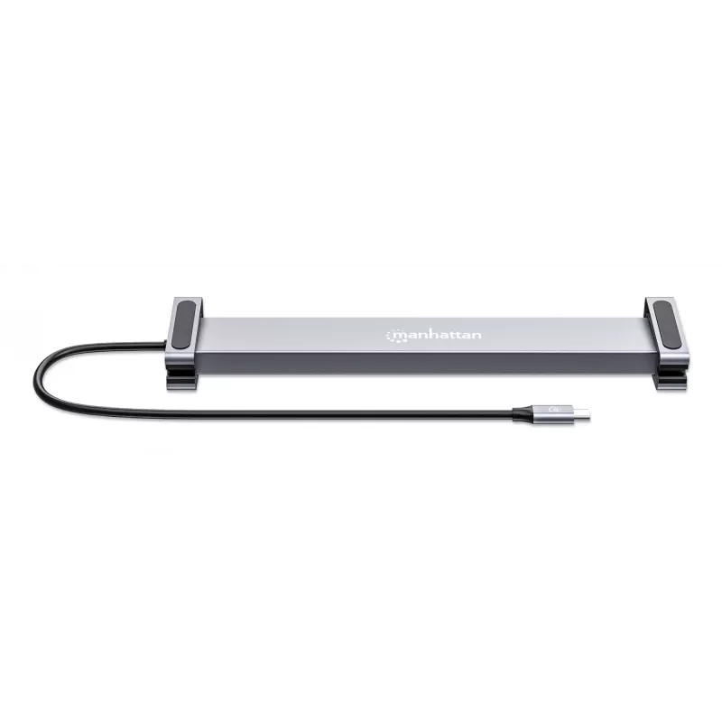 Dock/Hub USB-C Manhattan com leitor de cartões e MST, ligações (x7): Ethernet, HDMI (x2 4K@60Hz), USB-A (x3) e USB-C, com Power Delivery (PD) 100 W – requer carregador USB-C externo (não incluído). Alimentado por USB (não requer fonte de alimentação externa) quando o PD não é utilizado