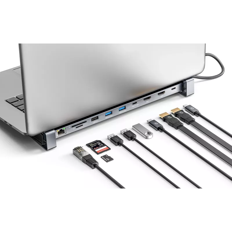 Dock/Hub USB-C Manhattan com leitor de cartões e MST, ligações (x7): Ethernet, HDMI (x2 4K@60Hz), USB-A (x3) e USB-C, com Power Delivery (PD) 100 W – requer carregador USB-C externo (não incluído). Alimentado por USB (não requer fonte de alimentação externa) quando o PD não é utilizado