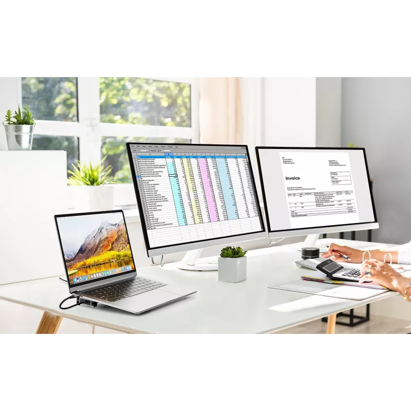 Dock/Hub USB-C Manhattan com leitor de cartões e MST, ligações (x7): Ethernet, HDMI (x2 4K@60Hz), USB-A (x3) e USB-C, com Power Delivery (PD) 100 W – requer carregador USB-C externo (não incluído). Alimentado por USB (não requer fonte de alimentação externa) quando o PD não é utilizado