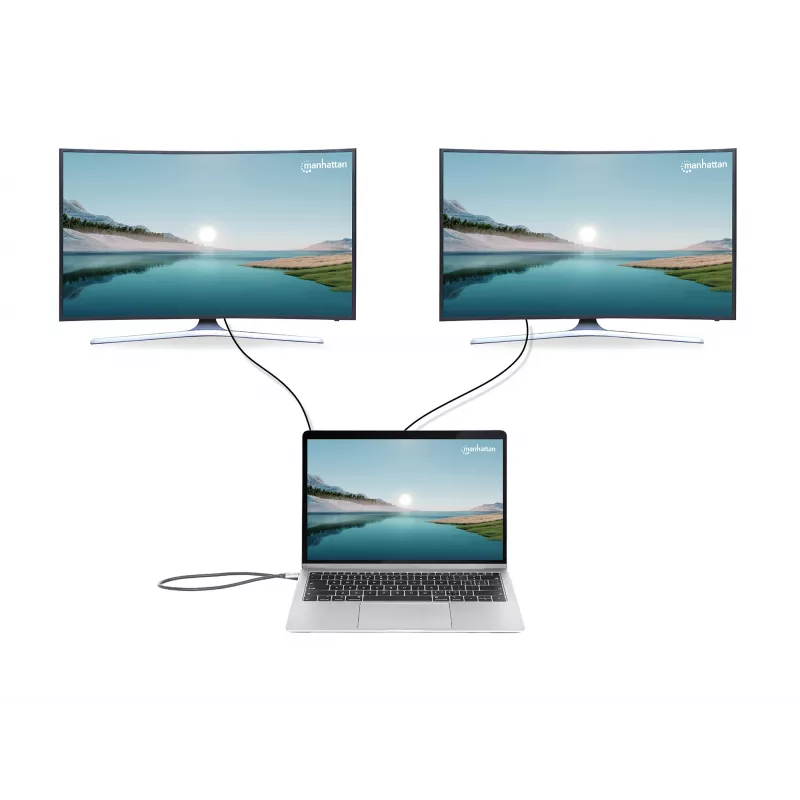 Dock/Hub USB-C Manhattan com leitor de cartões e MST, ligações (x7): Ethernet, HDMI (x2 4K@60Hz), USB-A (x3) e USB-C, com Power Delivery (PD) 100 W – requer carregador USB-C externo (não incluído). Alimentado por USB (não requer fonte de alimentação externa) quando o PD não é utilizado