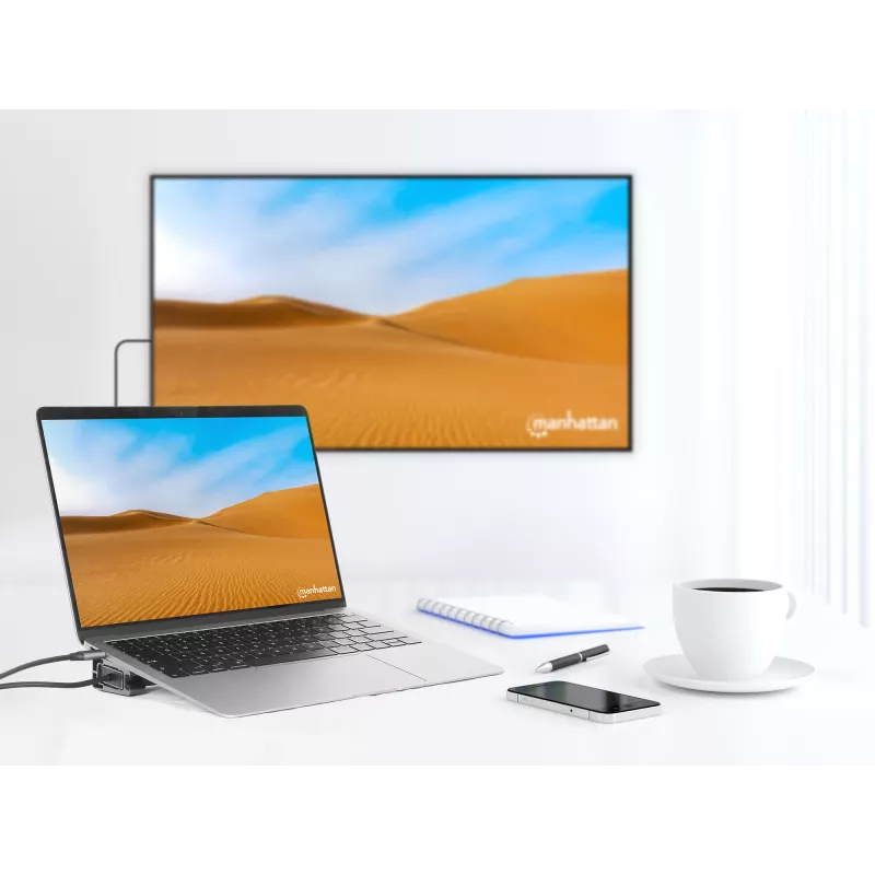 Dock/Hub USB-C Manhattan com leitor de cartões e MST, ligações (x7): Ethernet, HDMI (x2 4K@60Hz), USB-A (x3) e USB-C, com Power Delivery (PD) 100 W – requer carregador USB-C externo (não incluído). Alimentado por USB (não requer fonte de alimentação externa) quando o PD não é utilizado