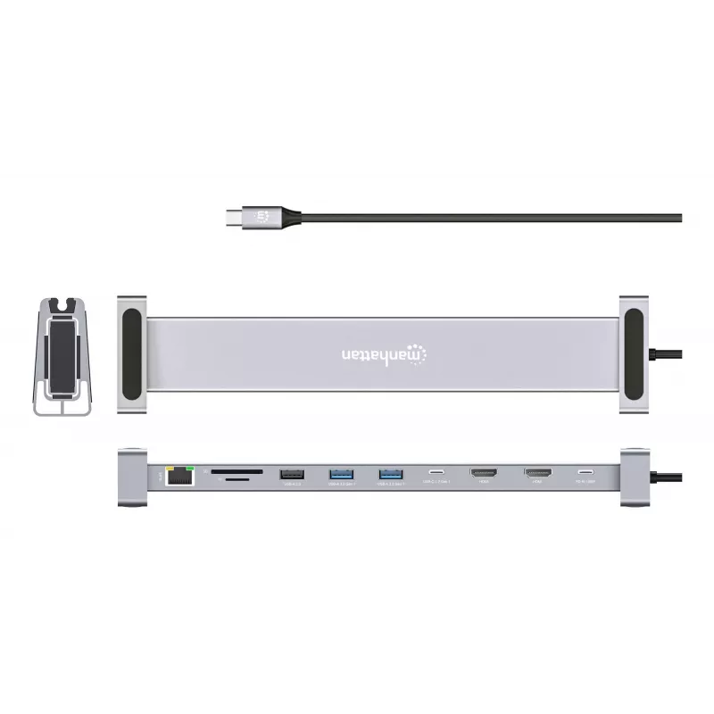 Dock/Hub USB-C Manhattan com leitor de cartões e MST, ligações (x7): Ethernet, HDMI (x2 4K@60Hz), USB-A (x3) e USB-C, com Power Delivery (PD) 100 W – requer carregador USB-C externo (não incluído). Alimentado por USB (não requer fonte de alimentação externa) quando o PD não é utilizado