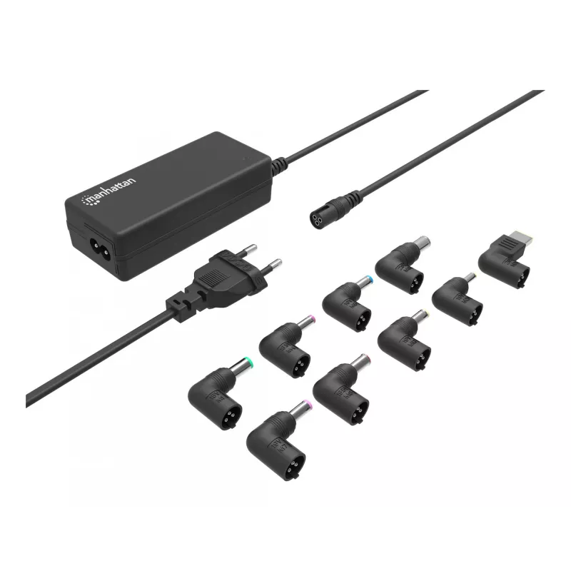Fonte de alimentação universal para portátil/notebook Manhattan UE, 65 W, automática com 9 pontas de ficha, compatível com a maioria dos portáteis, ideal como fonte de alimentação de substituição, cabo de alimentação UE, compatível com, entre outros: Acer, Asus, Dell, Fujitsu, HP, Lenovo, Samsung, Toshiba e mais