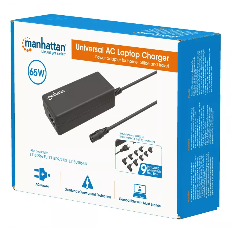 Fonte de alimentação universal para portátil/notebook Manhattan UE, 65 W, automática com 9 pontas de ficha, compatível com a maioria dos portáteis, ideal como fonte de alimentação de substituição, cabo de alimentação UE, compatível com, entre outros: Acer, Asus, Dell, Fujitsu, HP, Lenovo, Samsung, Toshiba e mais